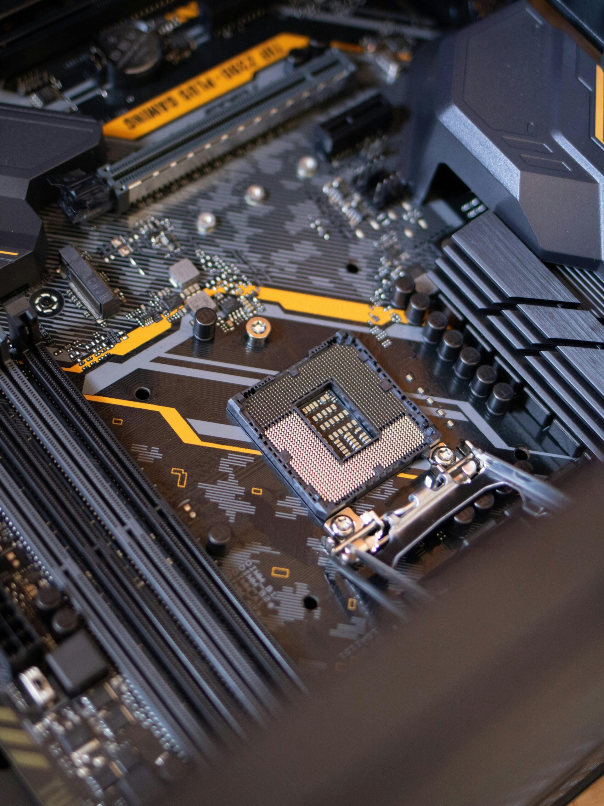 Detailed view of a computer motherboard highlighting electronic components and technology connections.
